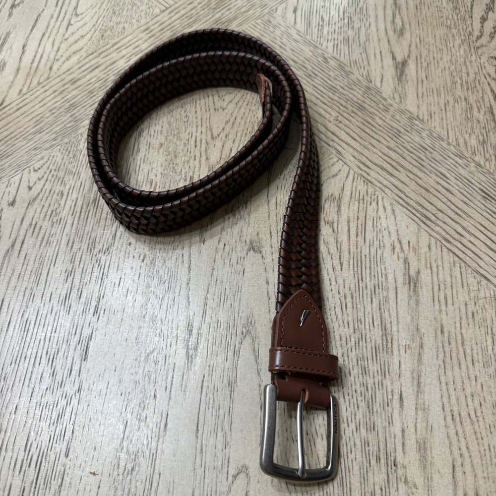 Nautica Mens Size 44/110 Brown Woven Leather Belt  Silver Buckle‎